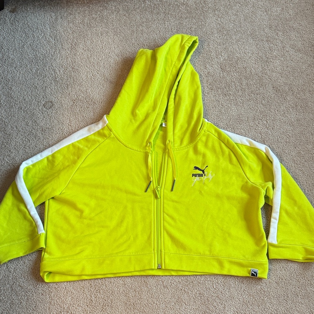Puma Neon Yellow Hooded Zip-Up Sweatshirt with White Stripes